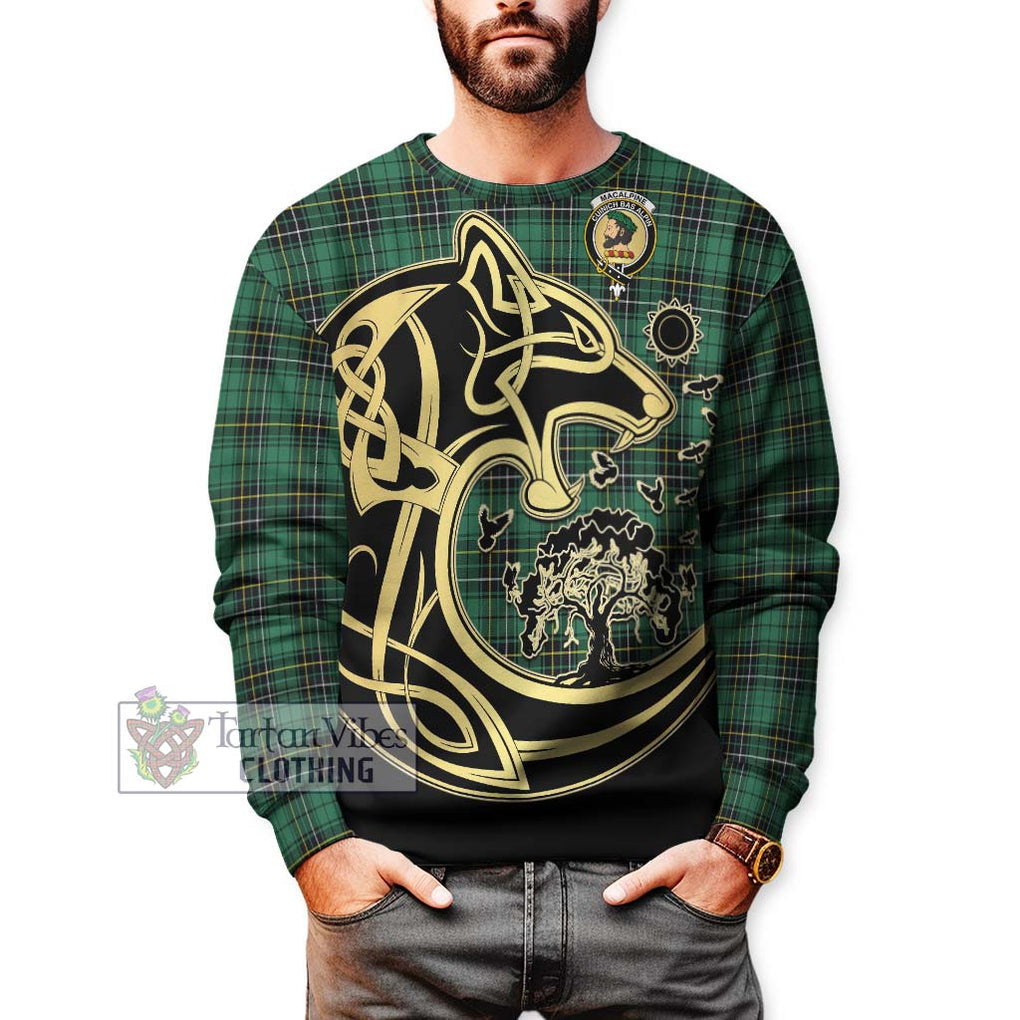 MacAlpine Ancient Tartan Sweatshirt with Family Crest Celtic Wolf Style Unisex - Tartan Vibes Clothing