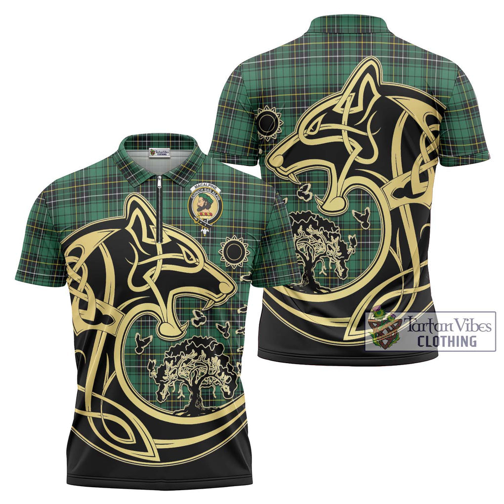 MacAlpine Ancient Tartan Zipper Polo Shirt with Family Crest Celtic Wolf Style Unisex - Tartan Vibes Clothing