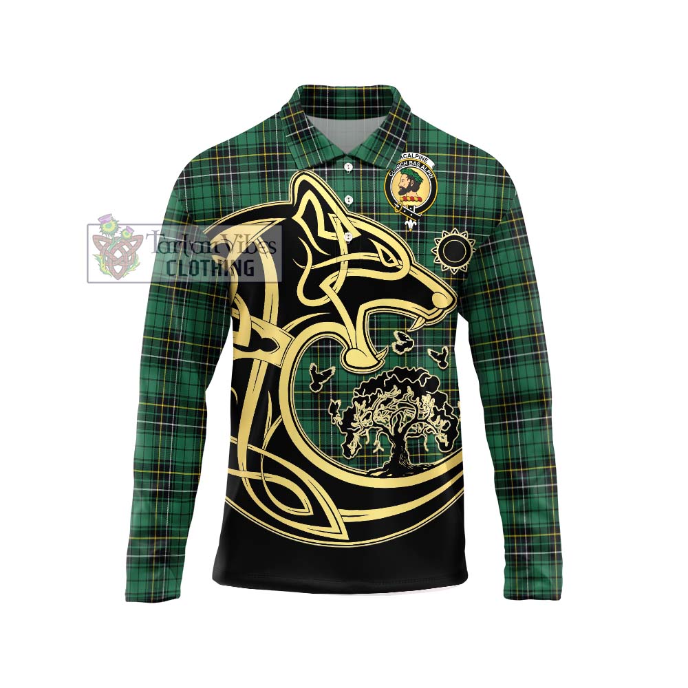 MacAlpine Ancient Tartan Long Sleeve Polo Shirt with Family Crest Celtic Wolf Style Unisex - Tartan Vibes Clothing