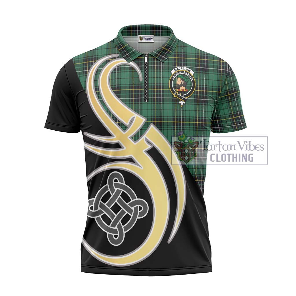 MacAlpine Ancient Tartan Zipper Polo Shirt with Family Crest and Celtic Symbol Style - Tartan Vibes Clothing