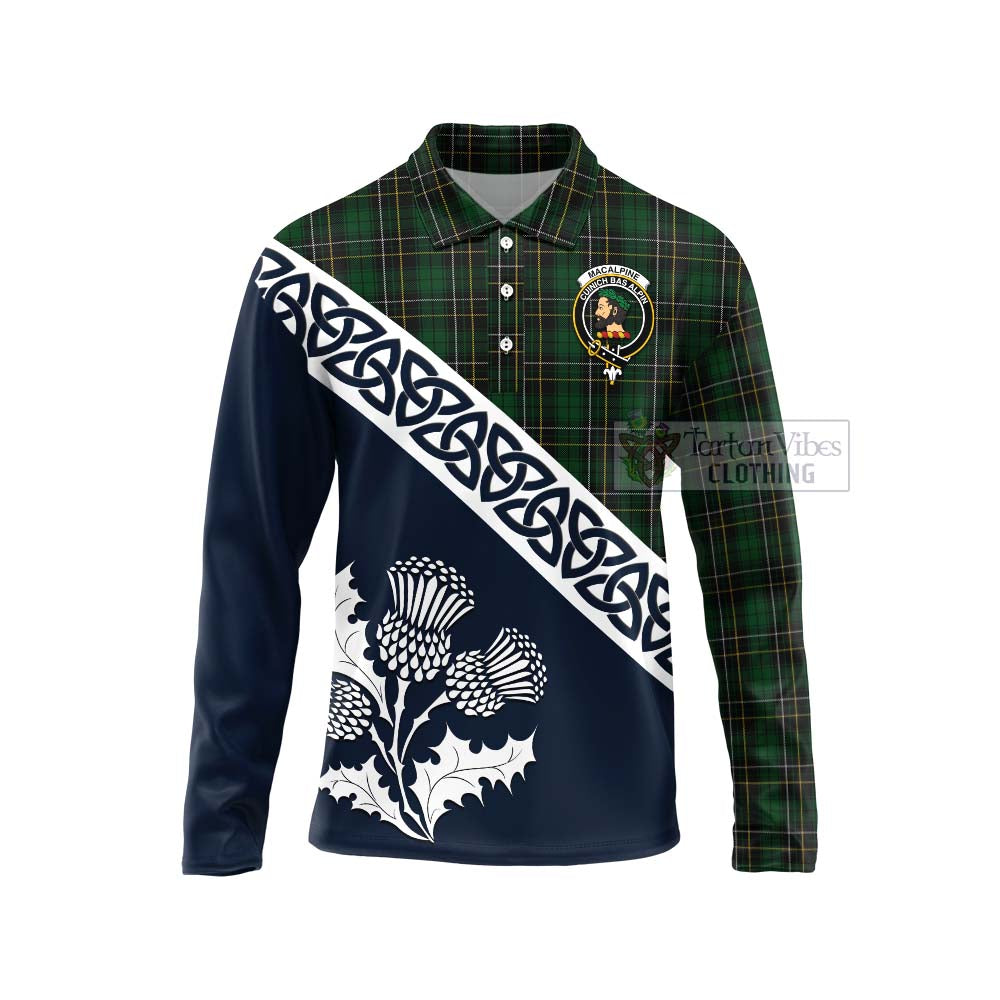 Tartan Vibes Clothing MacAlpine (MacAlpin) Tartan Long Sleeve Polo Shirt Featuring Thistle and Scotland Map