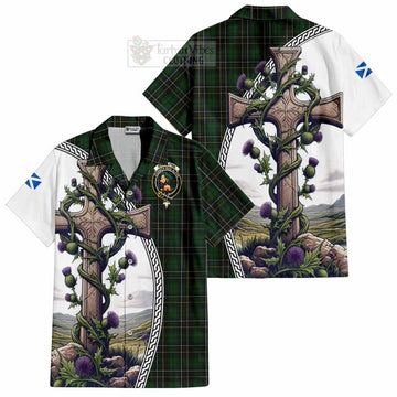 Tartan Vibes Clothing MacAlpine (MacAlpin) Tartan Short Sleeve Button Shirt with Family Crest and St. Andrew's Cross Accented by Thistle Vines