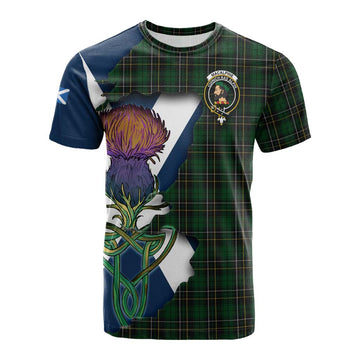 Tartan Vibes Clothing MacAlpine (MacAlpin) Tartan Family Crest Cotton T-shirt Scottish Thistle Celtic Inspired