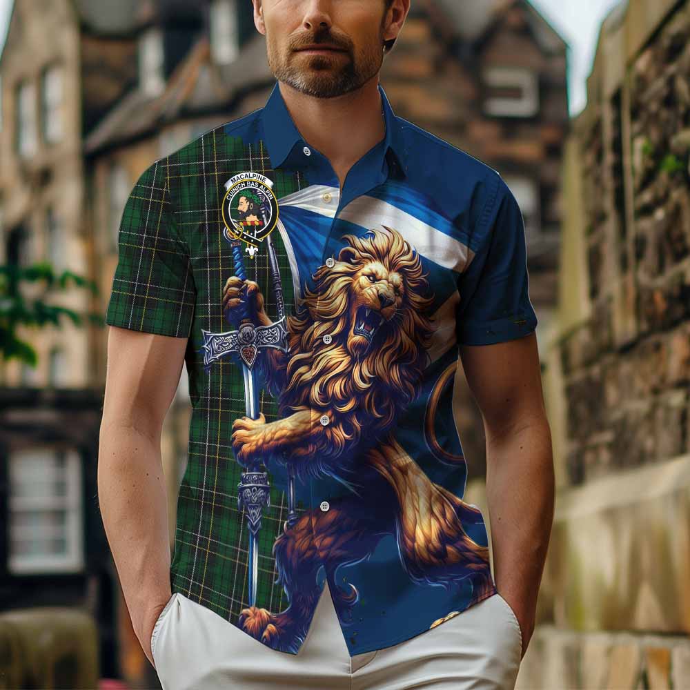 Tartan Vibes Clothing MacAlpine (MacAlpin) Tartan Family Crest Short Sleeve Button Shirt with Scottish Majestic Lion