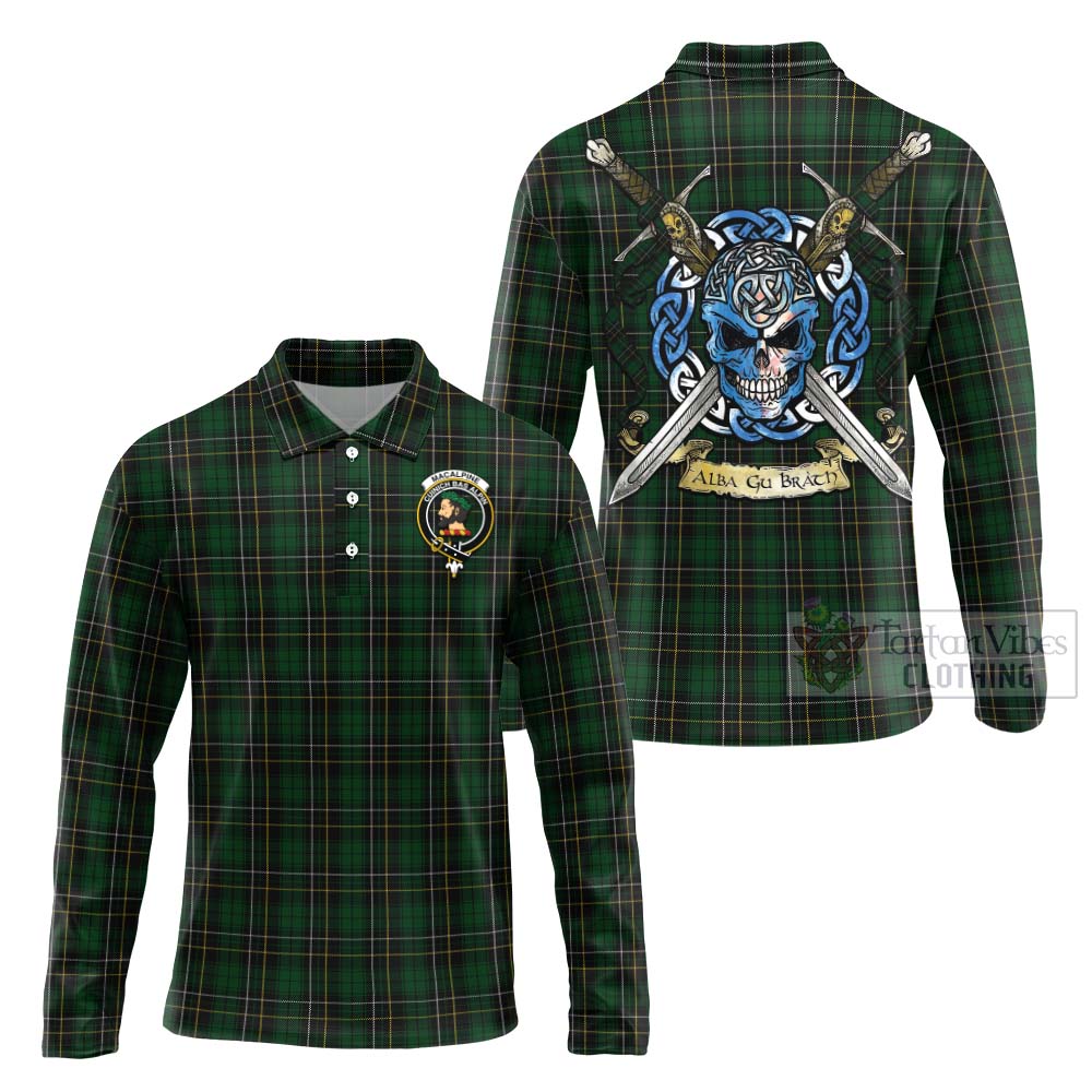 Tartan Vibes Clothing MacAlpine (MacAlpin) Tartan Long Sleeve Polo Shirt with Family Crest Celtic Skull Style