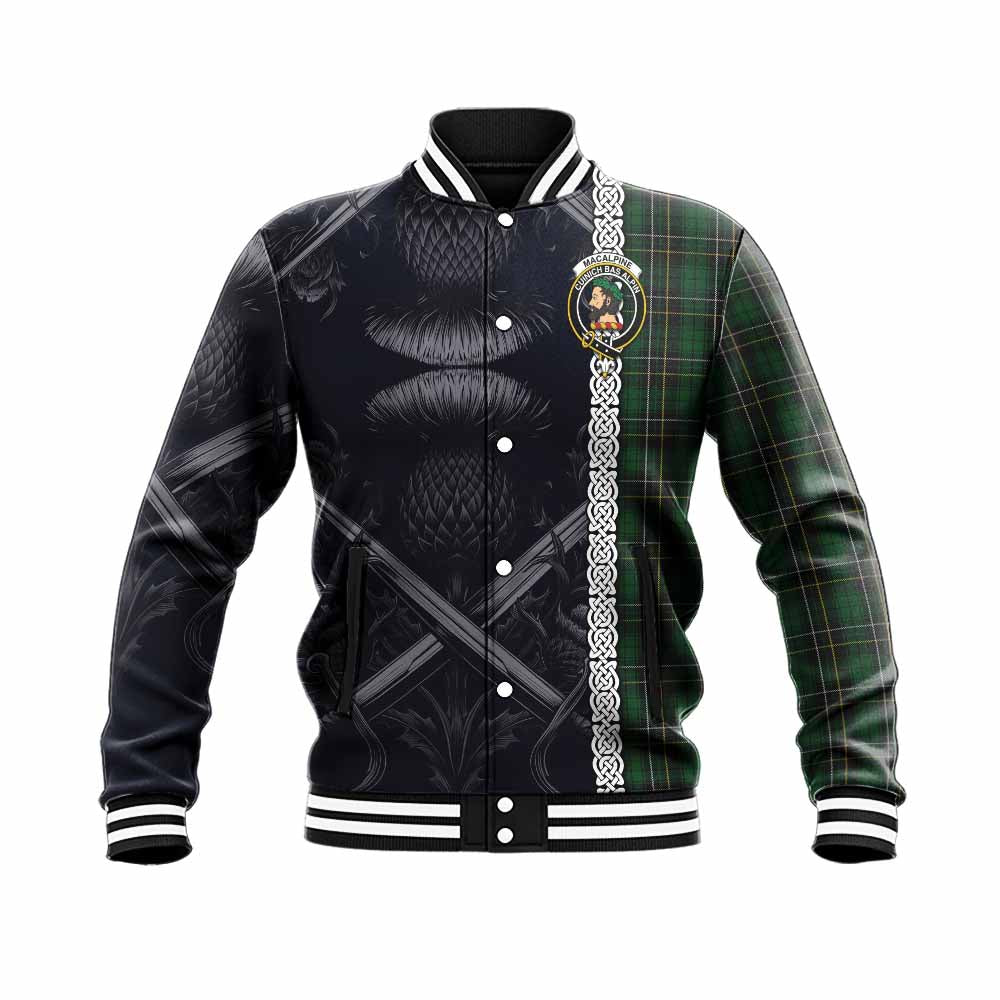 MacAlpine (MacAlpin) Tartan Baseball Jacket with Family Crest Cross Sword Thistle Celtic Vibes Unisex - Tartan Vibes Clothing