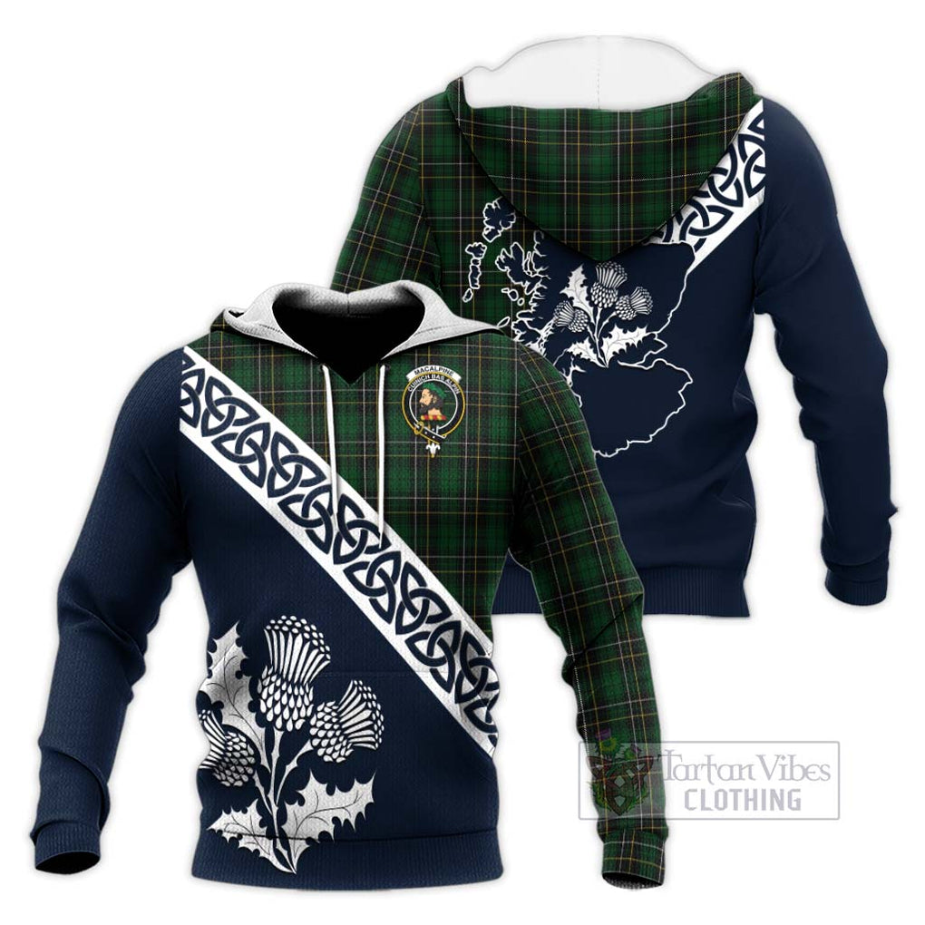Tartan Vibes Clothing MacAlpine (MacAlpin) Tartan Knitted Hoodie Featuring Thistle and Scotland Map