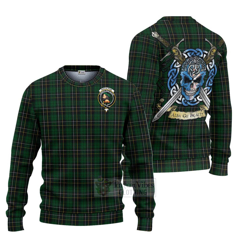 Tartan Vibes Clothing MacAlpine (MacAlpin) Tartan Knitted Sweater with Family Crest Celtic Skull Style