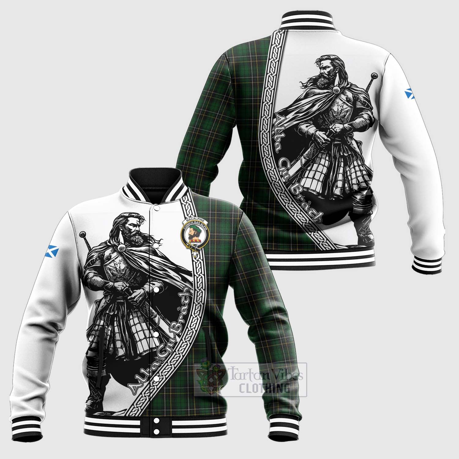MacAlpine (MacAlpin) Tartan Clan Crest Baseball Jacket with Highlander Warrior Celtic Style Unisex - Tartan Vibes Clothing