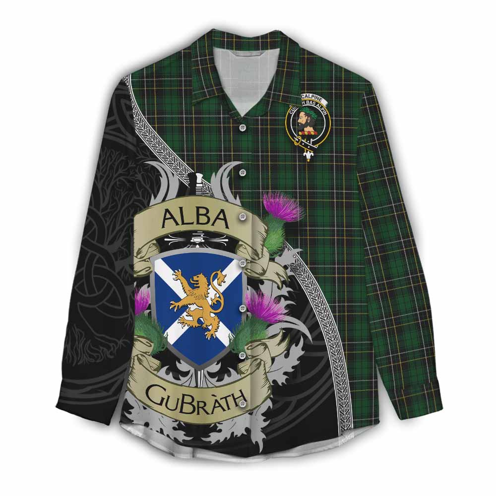 Tartan Vibes Clothing MacAlpine (MacAlpin) Tartan Family Crest Women's Casual Shirt Lion Rampant Royal Thistle Shield Celtic Inspired