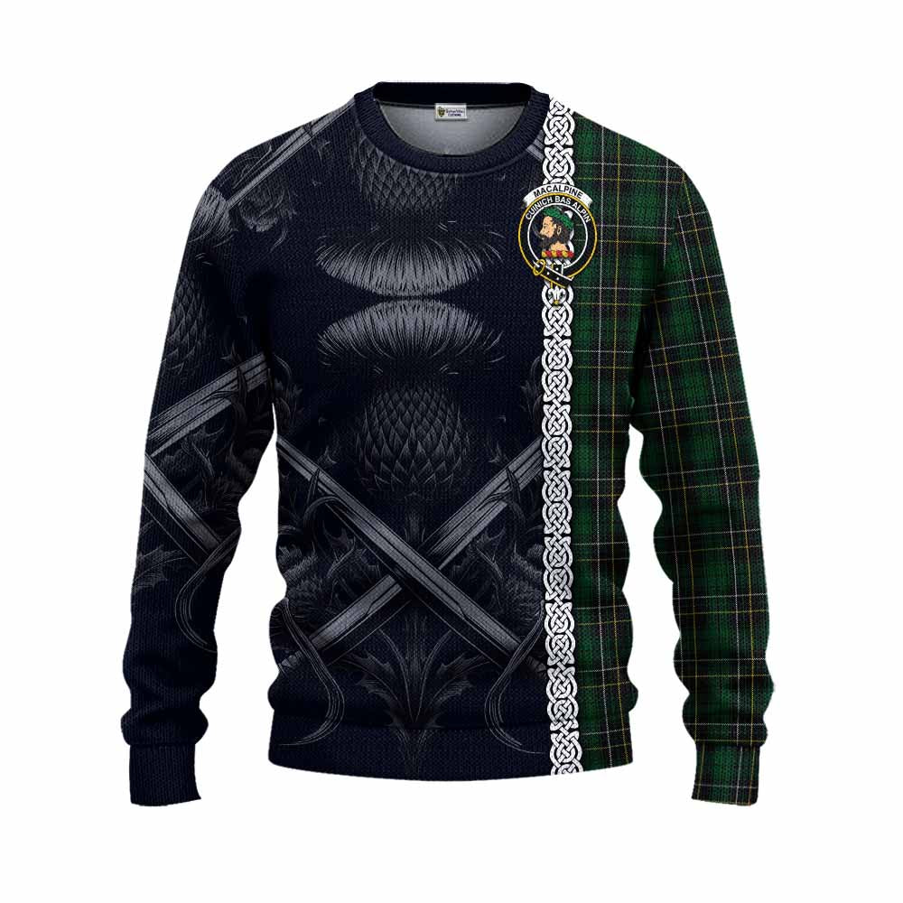 Tartan Vibes Clothing MacAlpine (MacAlpin) Tartan Knitted Sweater with Family Crest Cross Sword Thistle Celtic Vibes