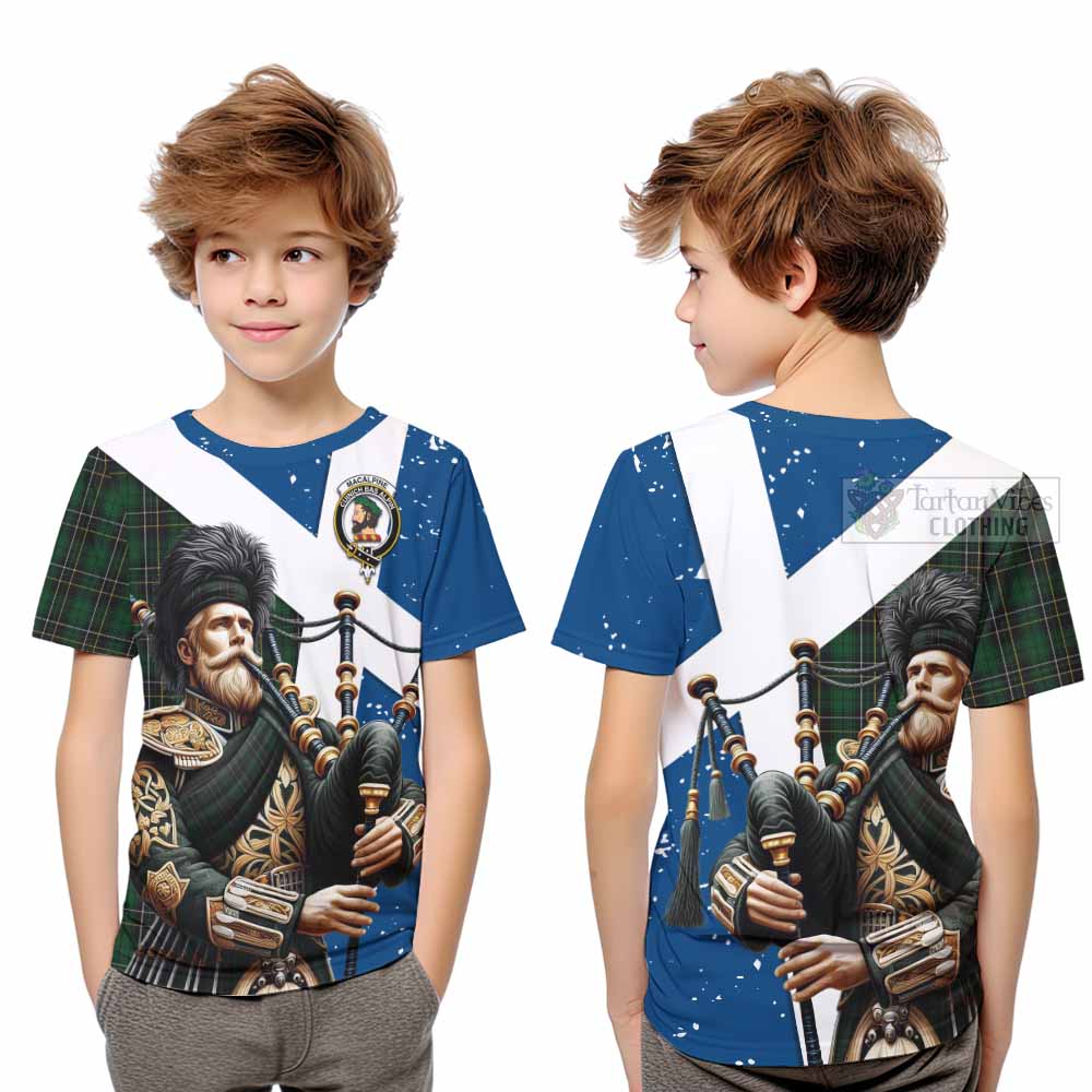 Tartan Vibes Clothing MacAlpine (MacAlpin) Tartan Kid T-Shirt with Family Crest Scottish Bagpiper Vibes