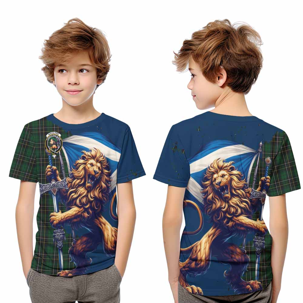 Tartan Vibes Clothing MacAlpine (MacAlpin) Tartan Family Crest Kid T-Shirt with Scottish Majestic Lion