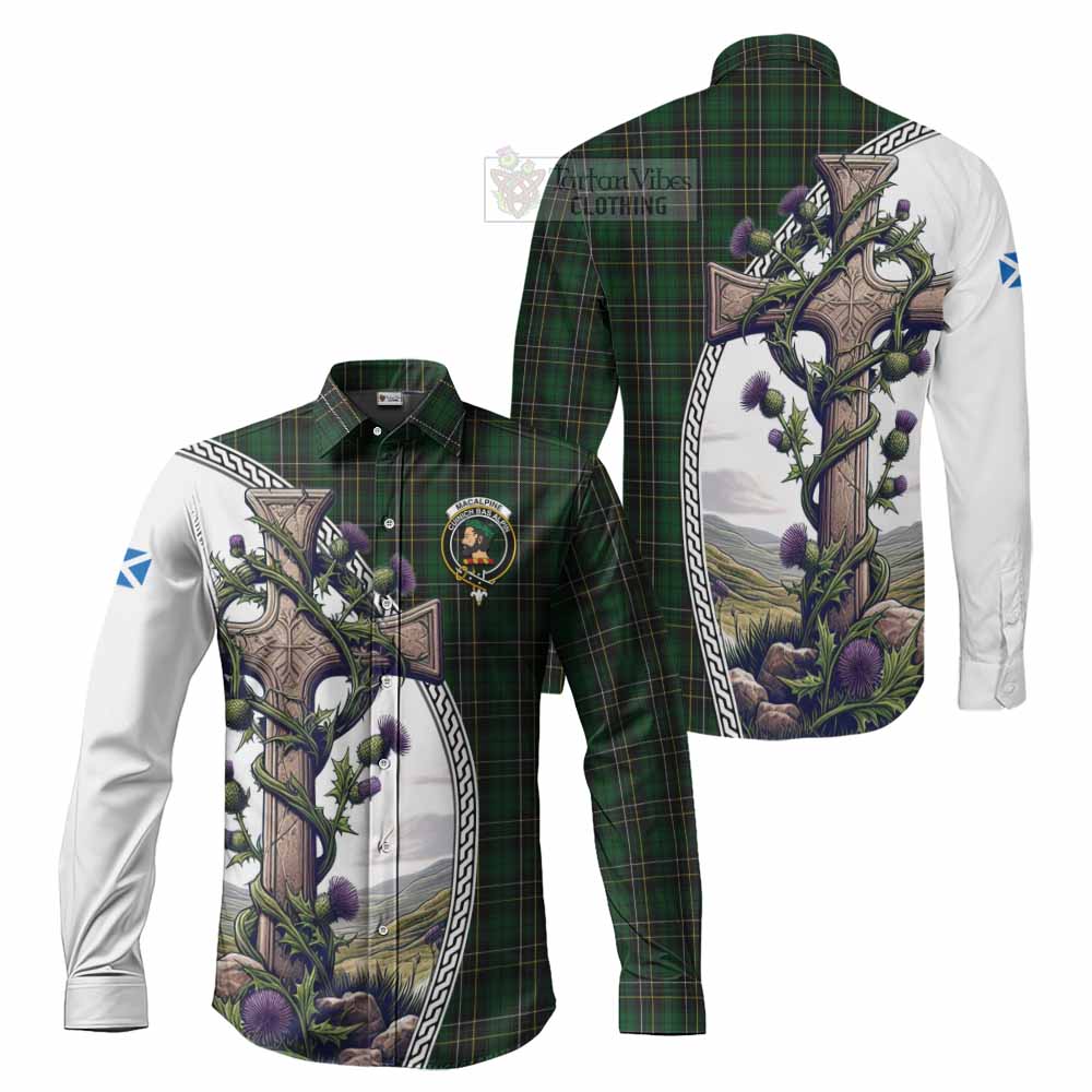 Tartan Vibes Clothing MacAlpine (MacAlpin) Tartan Long Sleeve Button Shirt with Family Crest and St. Andrew's Cross Accented by Thistle Vines