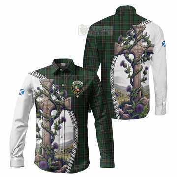 Tartan Vibes Clothing MacAlpine (MacAlpin) Tartan Long Sleeve Button Shirt with Family Crest and St. Andrew's Cross Accented by Thistle Vines
