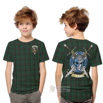 Tartan Vibes Clothing MacAlpine (MacAlpin) Tartan Kid T-Shirt with Family Crest Celtic Skull Style