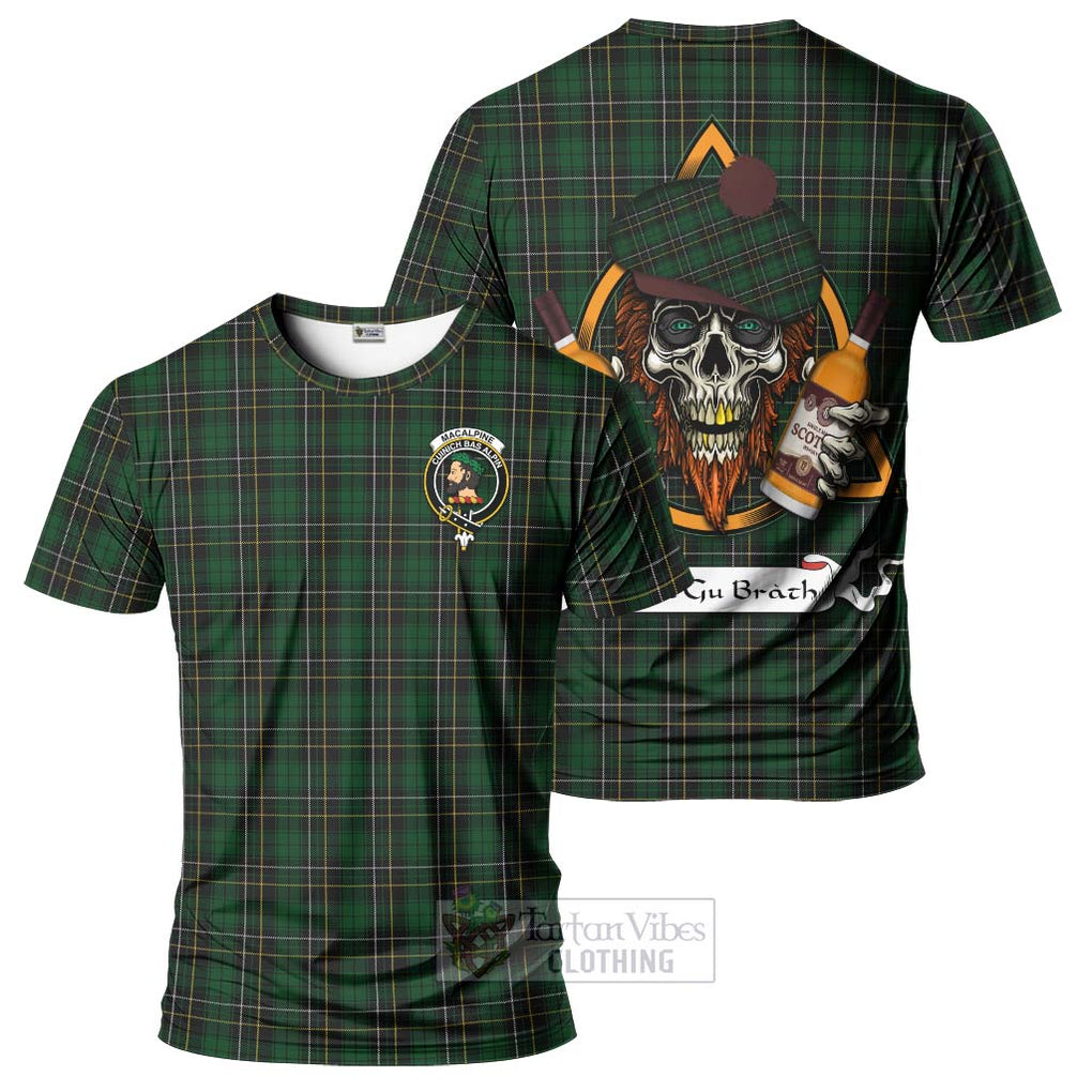 Tartan Vibes Clothing MacAlpine (MacAlpin) Tartan T-Shirt with Family Crest and Bearded Skull Holding Bottles of Whiskey