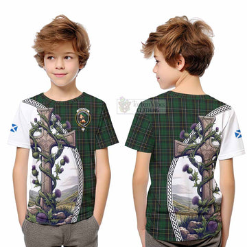 Tartan Vibes Clothing MacAlpine (MacAlpin) Tartan Kid T-Shirt with Family Crest and St. Andrew's Cross Accented by Thistle Vines