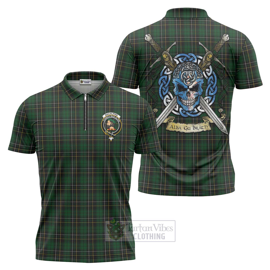 Tartan Vibes Clothing MacAlpine (MacAlpin) Tartan Zipper Polo Shirt with Family Crest Celtic Skull Style