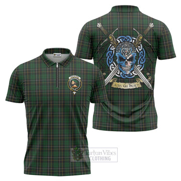 Tartan Vibes Clothing MacAlpine (MacAlpin) Tartan Zipper Polo Shirt with Family Crest Celtic Skull Style