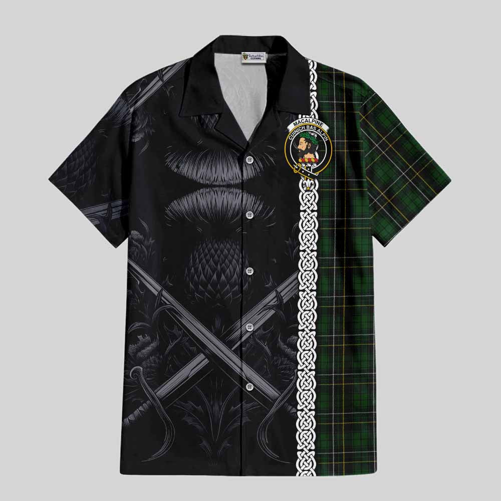 Tartan Vibes Clothing MacAlpine (MacAlpin) Tartan Short Sleeve Button Shirt with Family Crest Cross Sword Thistle Celtic Vibes