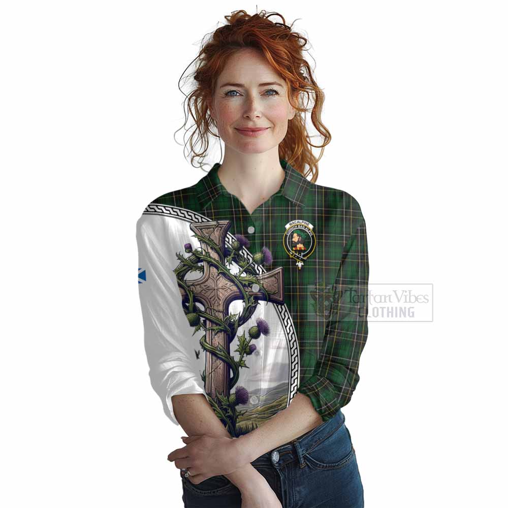 Tartan Vibes Clothing MacAlpine (MacAlpin) Tartan Women's Casual Shirt with Family Crest and St. Andrew's Cross Accented by Thistle Vines
