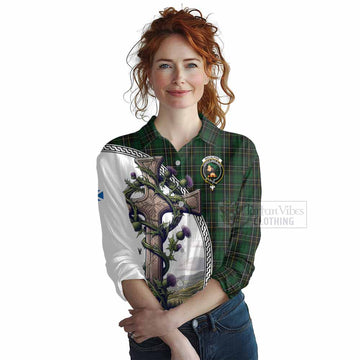 Tartan Vibes Clothing MacAlpine (MacAlpin) Tartan Women's Casual Shirt with Family Crest and St. Andrew's Cross Accented by Thistle Vines