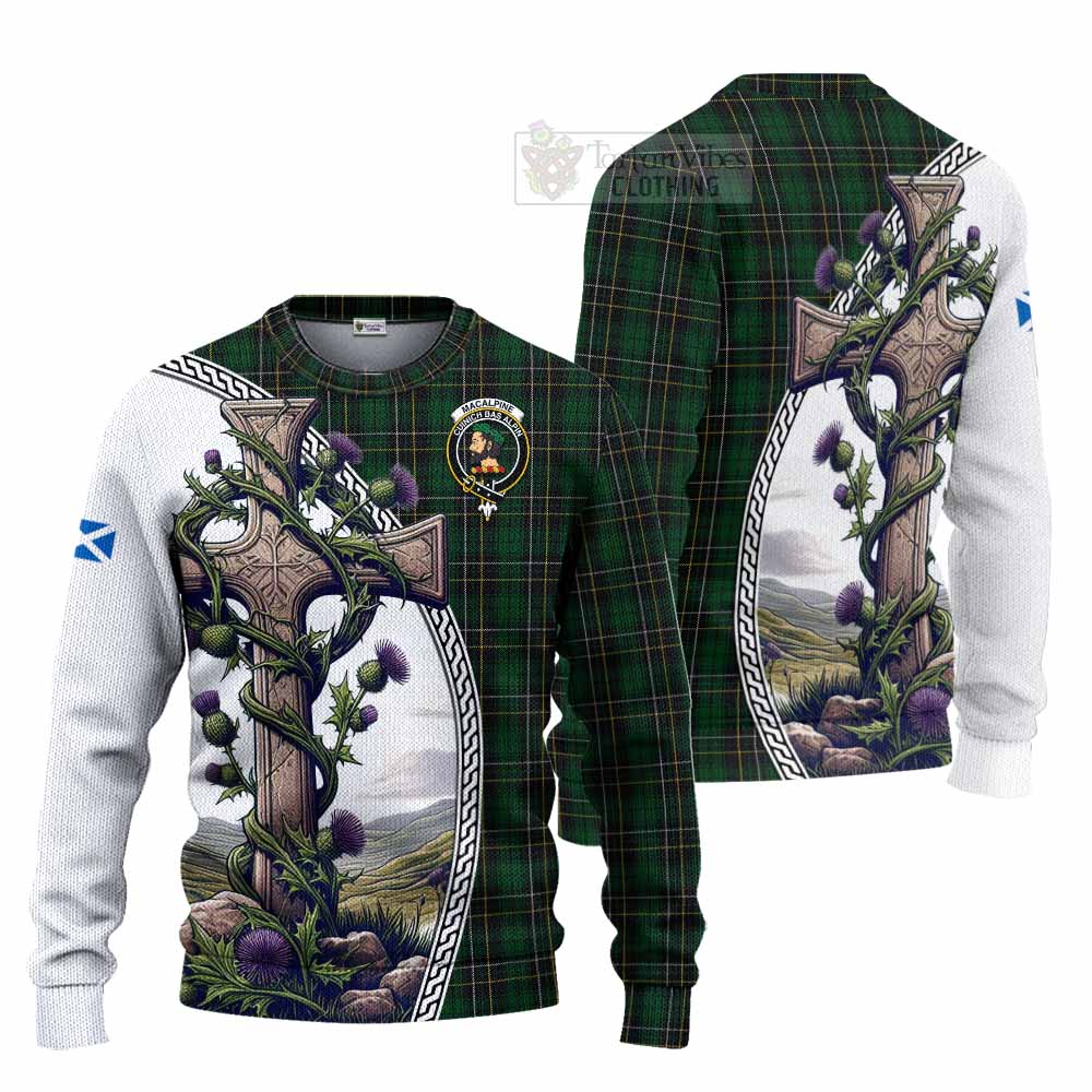 Tartan Vibes Clothing MacAlpine (MacAlpin) Tartan Knitted Sweater with Family Crest and St. Andrew's Cross Accented by Thistle Vines