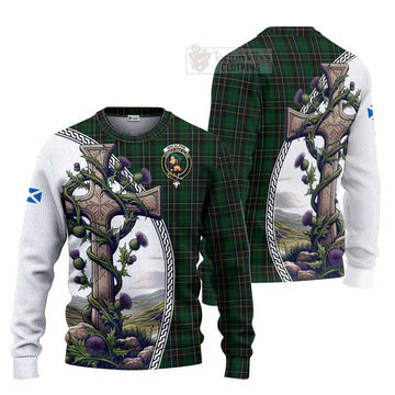 Tartan Vibes Clothing MacAlpine (MacAlpin) Tartan Knitted Sweater with Family Crest and St. Andrew's Cross Accented by Thistle Vines
