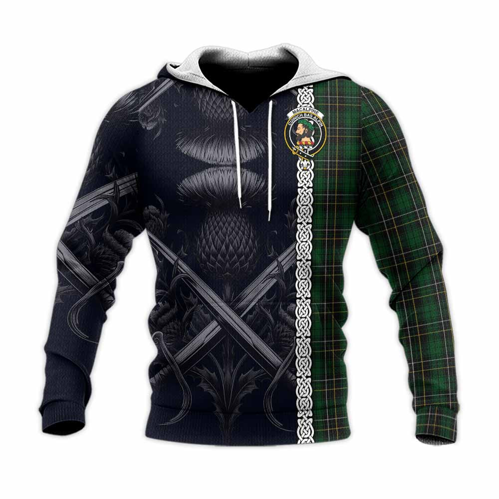 Tartan Vibes Clothing MacAlpine (MacAlpin) Tartan Knitted Hoodie with Family Crest Cross Sword Thistle Celtic Vibes