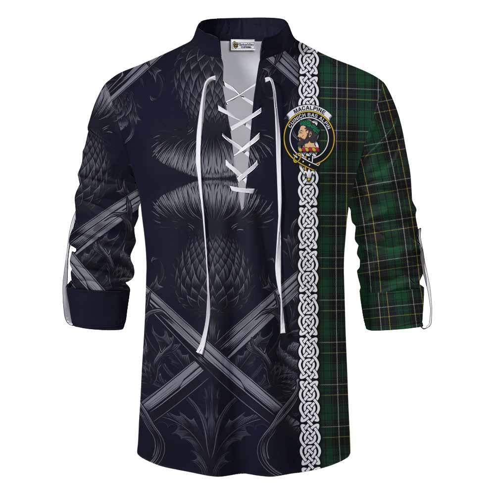 Tartan Vibes Clothing MacAlpine (MacAlpin) Tartan Ghillie Kilt Shirt with Family Crest Cross Sword Thistle Celtic Vibes