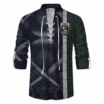 Tartan Vibes Clothing MacAlpine (MacAlpin) Tartan Ghillie Kilt Shirt with Family Crest Cross Sword Thistle Celtic Vibes