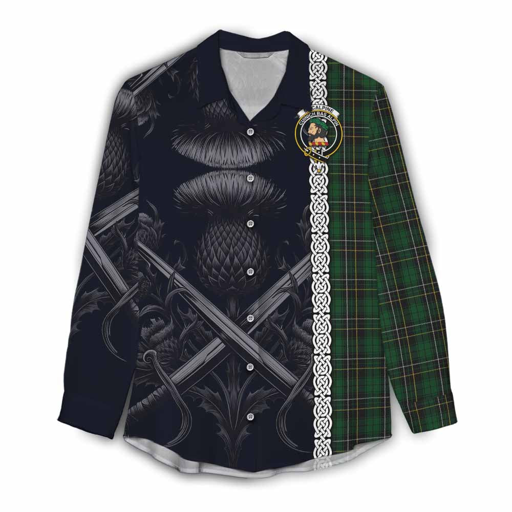 Tartan Vibes Clothing MacAlpine (MacAlpin) Tartan Women's Casual Shirt with Family Crest Cross Sword Thistle Celtic Vibes