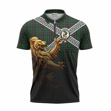 MacAlpine (MacAlpin) Crest Tartan Zipper Polo Shirt with Golden Lion Emblem Celtic Style Unisex - Tartan Vibes Clothing
