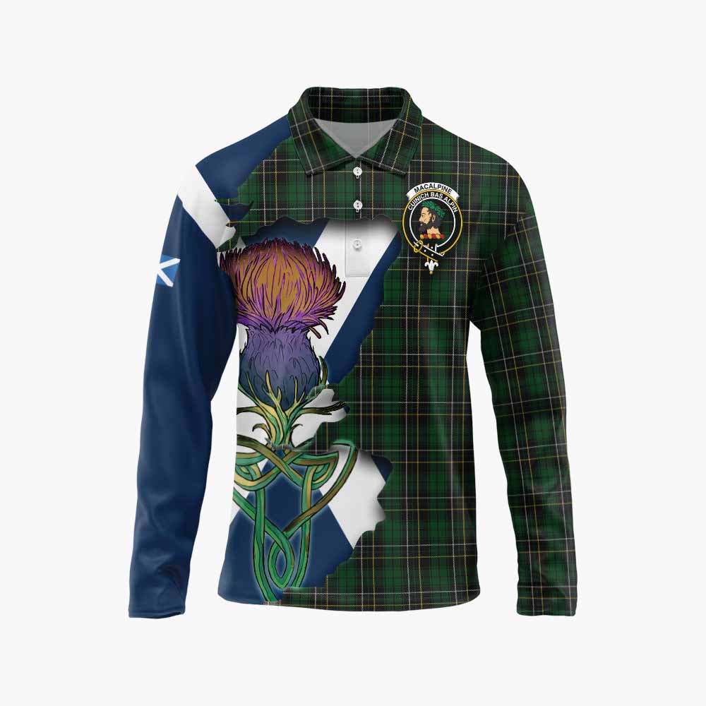 Tartan Vibes Clothing MacAlpine (MacAlpin) Tartan Family Crest Long Sleeve Polo Shirt Scottish Thistle Celtic Inspired