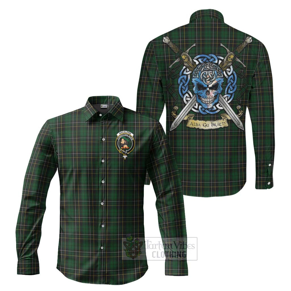 Tartan Vibes Clothing MacAlpine (MacAlpin) Tartan Long Sleeve Button Shirt with Family Crest Celtic Skull Style