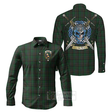 Tartan Vibes Clothing MacAlpine (MacAlpin) Tartan Long Sleeve Button Shirt with Family Crest Celtic Skull Style