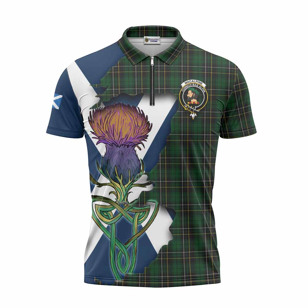 Tartan Vibes Clothing MacAlpine (MacAlpin) Tartan Family Crest Zipper Polo Shirt Scottish Thistle Celtic Inspired