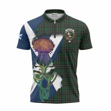 Tartan Vibes Clothing MacAlpine (MacAlpin) Tartan Family Crest Zipper Polo Shirt Scottish Thistle Celtic Inspired