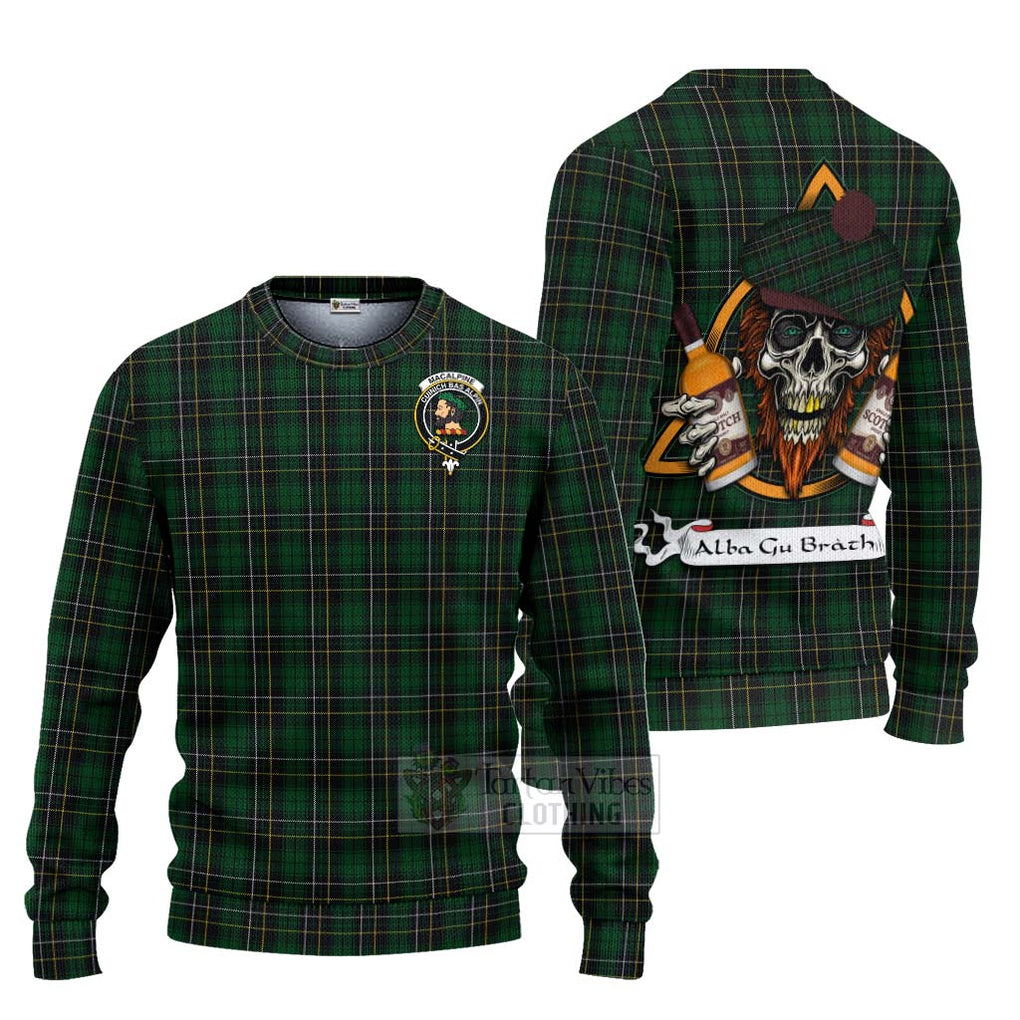 Tartan Vibes Clothing MacAlpine (MacAlpin) Tartan Knitted Sweater with Family Crest and Bearded Skull Holding Bottles of Whiskey