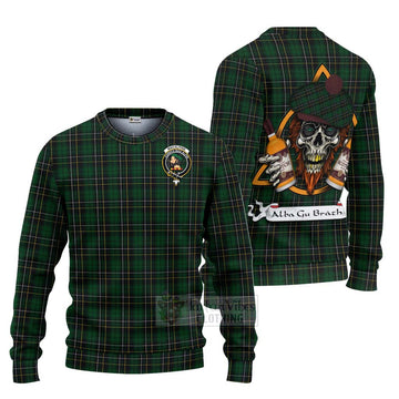 Tartan Vibes Clothing MacAlpine (MacAlpin) Tartan Knitted Sweater with Family Crest and Bearded Skull Holding Bottles of Whiskey