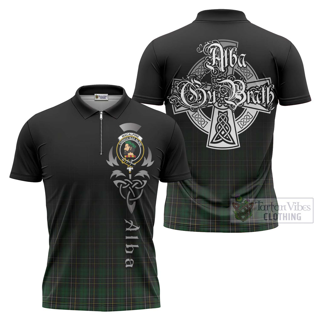 Tartan Vibes Clothing MacAlpine (MacAlpin) Tartan Zipper Polo Shirt Featuring Alba Gu Brath Family Crest Celtic Inspired