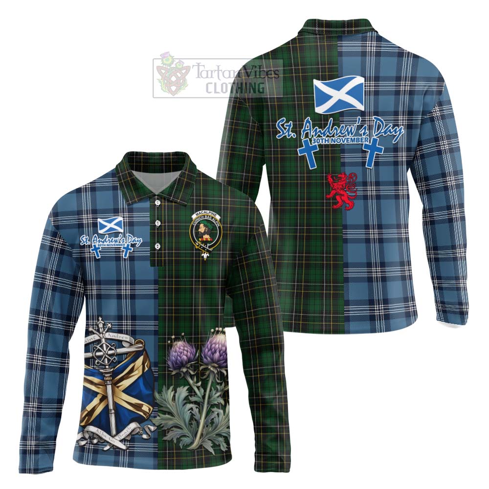 Tartan Vibes Clothing MacAlpine (MacAlpin) Tartan Long Sleeve Polo Shirt Happy St. Andrew's Day Half Tartan Style