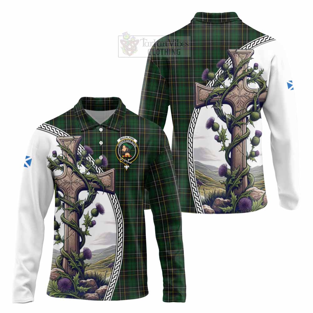 Tartan Vibes Clothing MacAlpine (MacAlpin) Tartan Long Sleeve Polo Shirt with Family Crest and St. Andrew's Cross Accented by Thistle Vines
