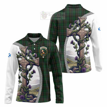 Tartan Vibes Clothing MacAlpine (MacAlpin) Tartan Long Sleeve Polo Shirt with Family Crest and St. Andrew's Cross Accented by Thistle Vines