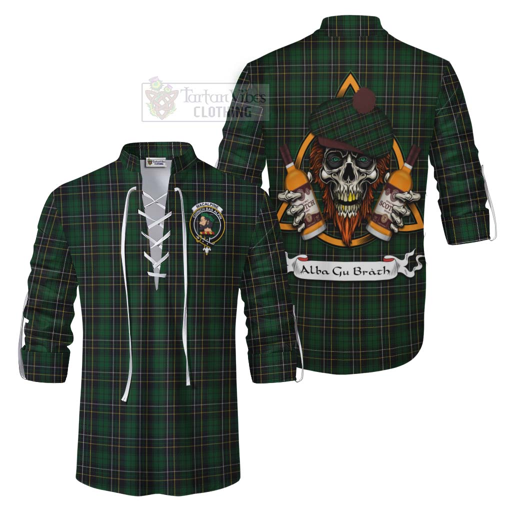 Tartan Vibes Clothing MacAlpine (MacAlpin) Tartan Ghillie Kilt Shirt with Family Crest and Bearded Skull Holding Bottles of Whiskey