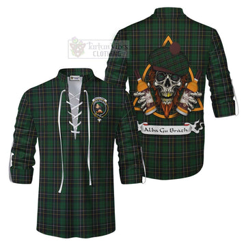 Tartan Vibes Clothing MacAlpine (MacAlpin) Tartan Ghillie Kilt Shirt with Family Crest and Bearded Skull Holding Bottles of Whiskey