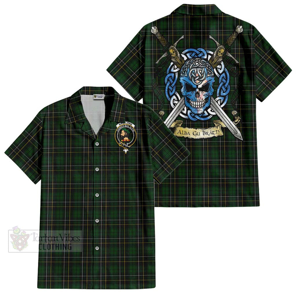 Tartan Vibes Clothing MacAlpine (MacAlpin) Tartan Short Sleeve Button Shirt with Family Crest Celtic Skull Style
