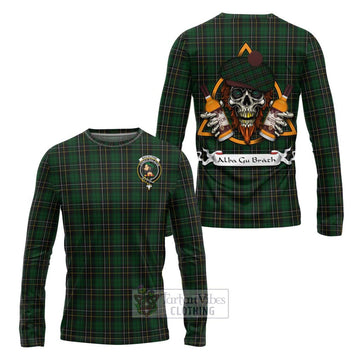 Tartan Vibes Clothing MacAlpine (MacAlpin) Tartan Long Sleeve T-Shirt with Family Crest and Bearded Skull Holding Bottles of Whiskey