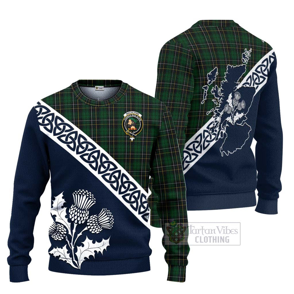 Tartan Vibes Clothing MacAlpine (MacAlpin) Tartan Knitted Sweater Featuring Thistle and Scotland Map